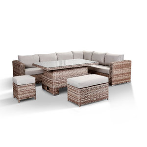 Catalina Corner Sofa Set With Rising Table, Bench & Stool - Brown/