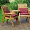 Golden Twin Wooden Garden Chair Companion Set Angled with Burgundy Cushions/