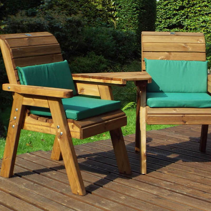 Golden Twin Wooden Garden Chair Companion Set Angled with Green Cushions/