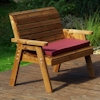 Golden Two Seater Wooden Garden Bench with Burgundy Cushions/
