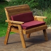 Golden Two Seater Wooden Garden Bench with Burgundy Cushions/