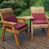 Twin Wooden Garden Chair Companion Set Angled with Burgundy Cushions/