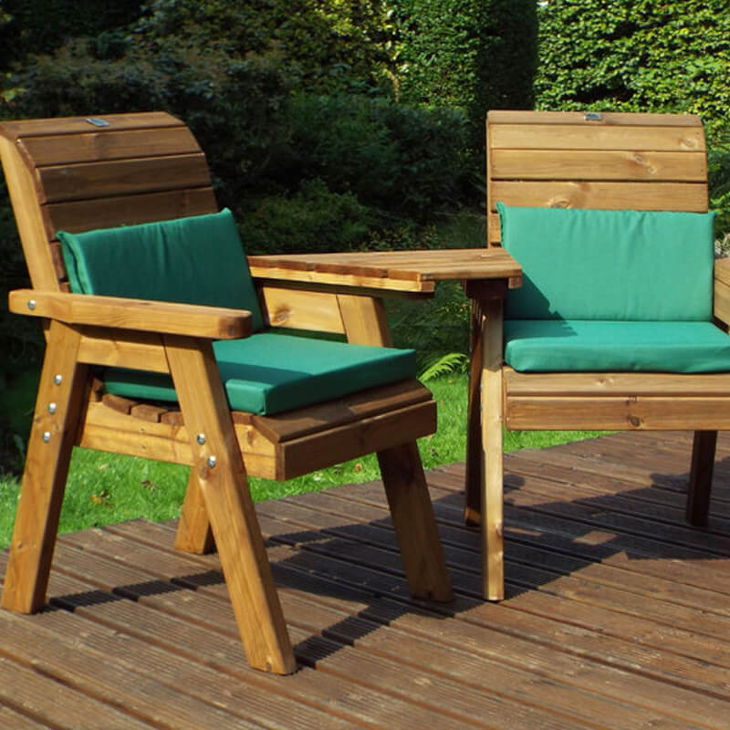 Twin Wooden Garden Chair Companion Set Angled with Green Cushions/