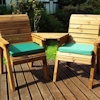 Twin Wooden Garden Chair Companion Set Angled with Green Cushions/