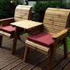 Twin Wooden Garden Chair Companion Set Straight with Burgundy Cushions/