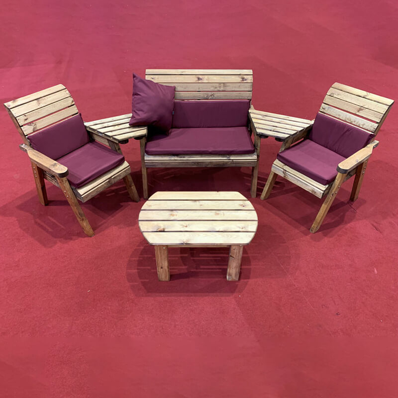 Four Seater Wooden Outdoor Furniture Set with Burgundy Cushions/