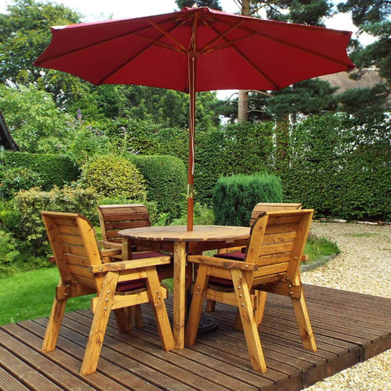 Four Seater Round Wooden Garden Table Set with Burgundy Cushions/