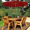 Six Seater Wooden Garden Dining Set with Benches, Chairs & Burgundy Cushions/