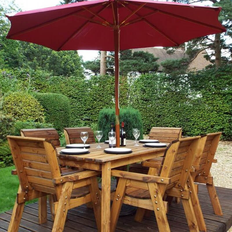 Six Seater Rectangular Wooden Garden Table Set with Burgundy Cushions/