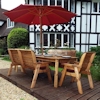 Eight Seater Rectangular Wooden Garden Table Set with Benches, Chairs & Burgundy Cushions/