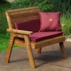 Traditional Two Seater Wooden Garden Bench with Burgundy Cushions/