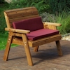 Traditional Two Seater Wooden Garden Bench with Burgundy Cushions/