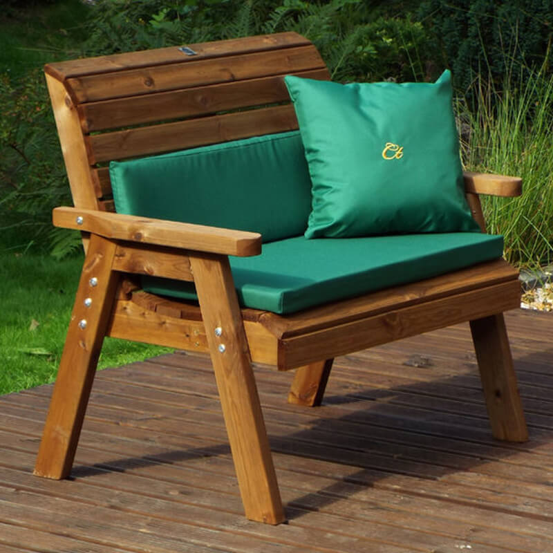 Traditional Two Seater Wooden Garden Bench with Green Cushions/