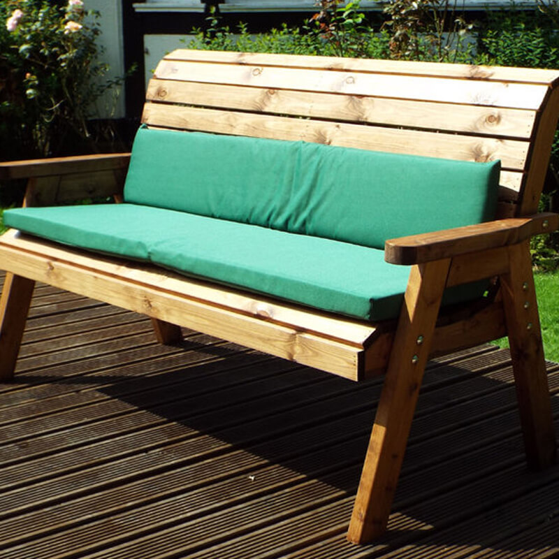 Three Seater Winchester Wooden Garden Bench with Green Cushions/