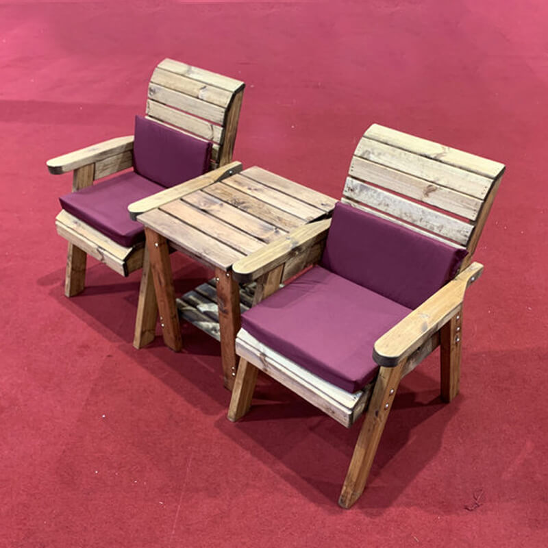 Deluxe Companion Wooden Garden Chair Set with Burgundy Cushions/