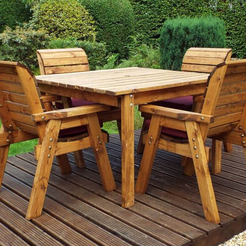 Four Seater Square Wooden Garden Table Set with Burgundy Cushions 