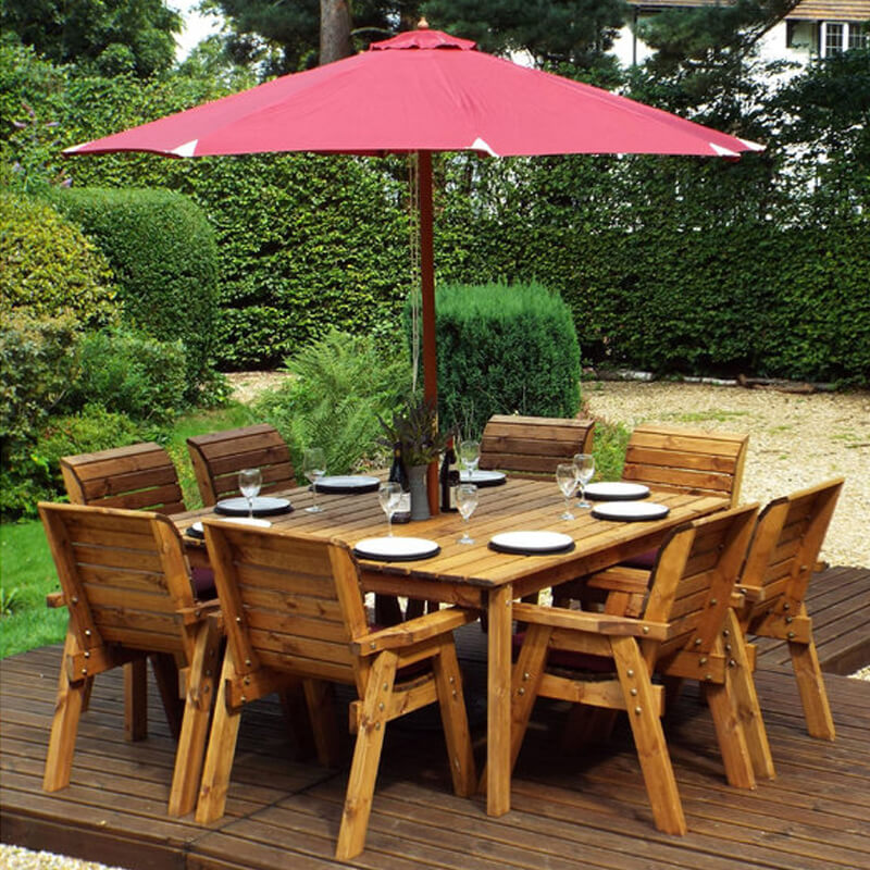 Eight Seater Square Wooden Garden Table Set with Burgundy Cushions/