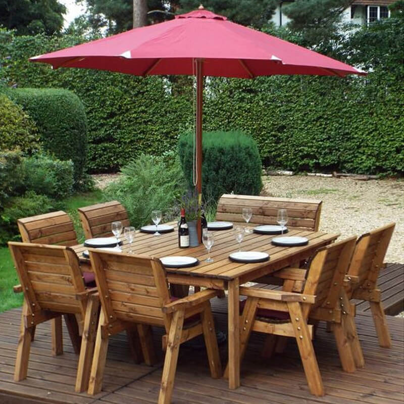 Eight Seater Square Wooden Garden Table Set with Chairs, Bench Seat & Burgundy Cushions/
