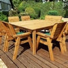 Eight Seater Square Wooden Garden Table Set with Chairs, Bench Seat & Green Cushions/