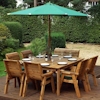 Eight Seater Square Wooden Garden Table Set with Chairs, Bench Seat & Green Cushions/