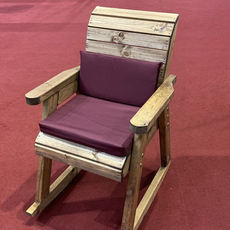 Wooden Garden Rocking Chair with Burgundy Cushions