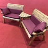 Twin Wooden Garden Bench Set Angled with Burgundy Cushions/