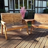 Twin Wooden Garden Bench Set Angled with Green Cushions/