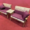 Twin Wooden Garden Bench Set Straight with Burgundy Cushions/