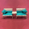 Twin Wooden Garden Bench Set Straight with Green Cushions/
