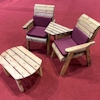 Twin Companion Wooden Outdoor Furniture Set Angled with Burgundy Cushions/