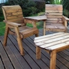 Twin Companion Wooden Outdoor Furniture Set Angled with Burgundy Cushions/