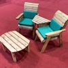 Twin Companion Wooden Outdoor Furniture Set Angled with Green Cushions/