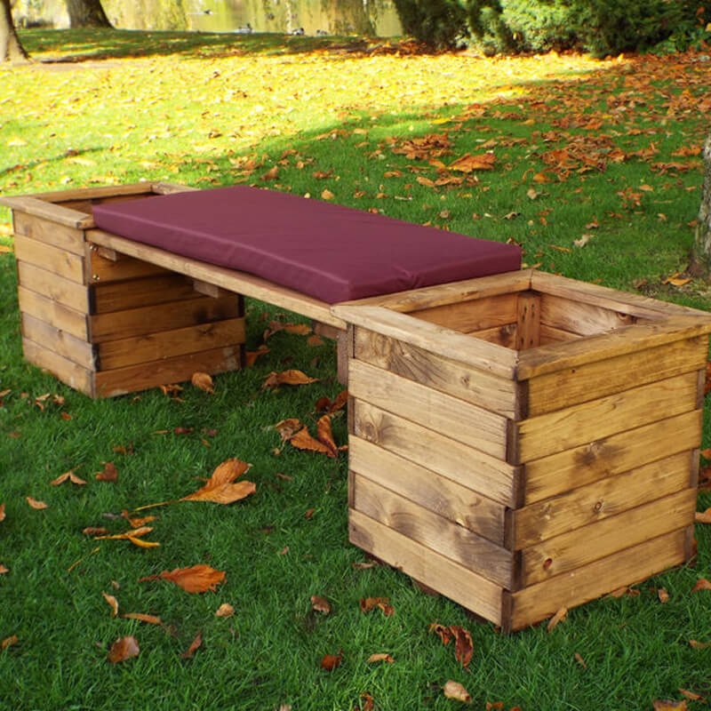 Deluxe Wooden Garden Planter Bench with Burgundy Cushion/