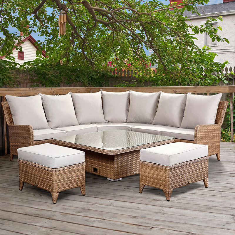 Laytona Large High Back Corner Sofa Set With Rising Table & Benches - Brown/