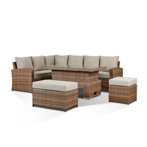 Sloane High Back Corner Sofa Set With Rising Table, Bench & Stool - Brown/