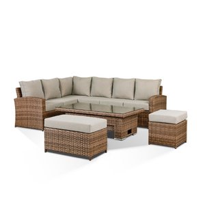 Sloane High Back Corner Sofa Set With Rising Table, Bench & Stool - Brown/