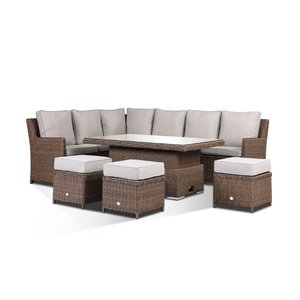 Imola High Back Corner Sofa Set With Rising Table & Three Stools - Brown/