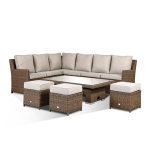 Imola High Back Corner Sofa Set With Rising Table & Three Stools - Brown/