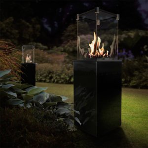 Kratki Real Flame Patio Heater - Black Glass Base Panels - Remote Control/